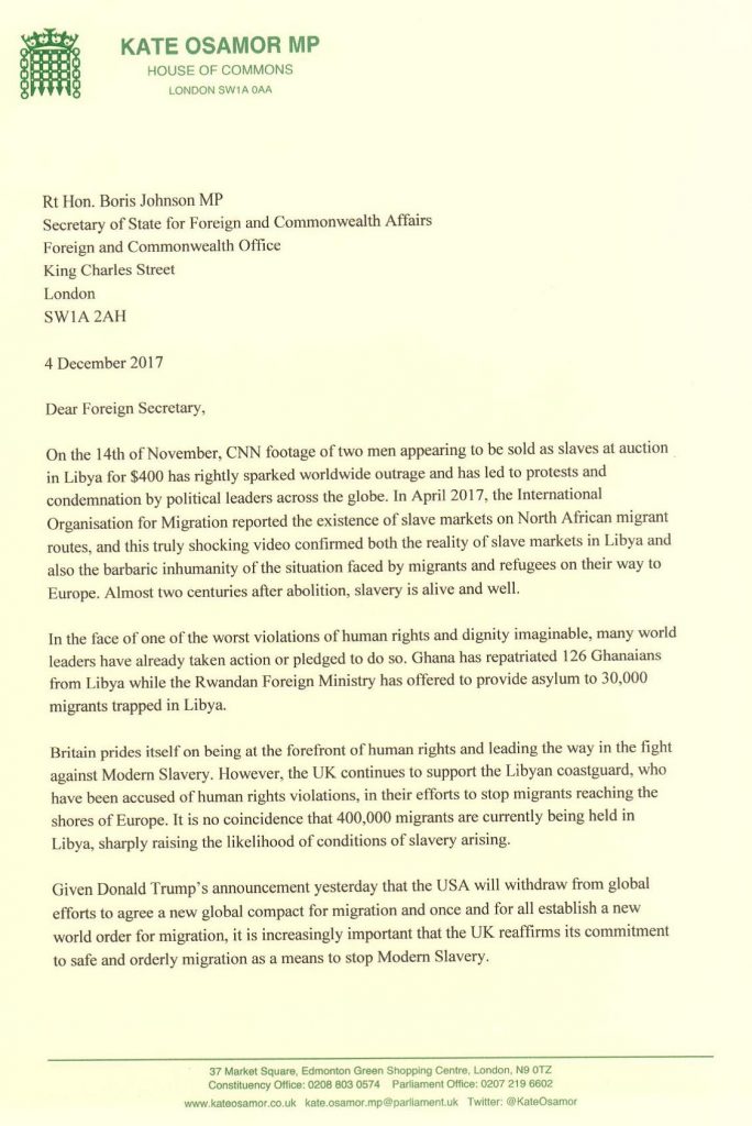 MP, Kate Osamor letter