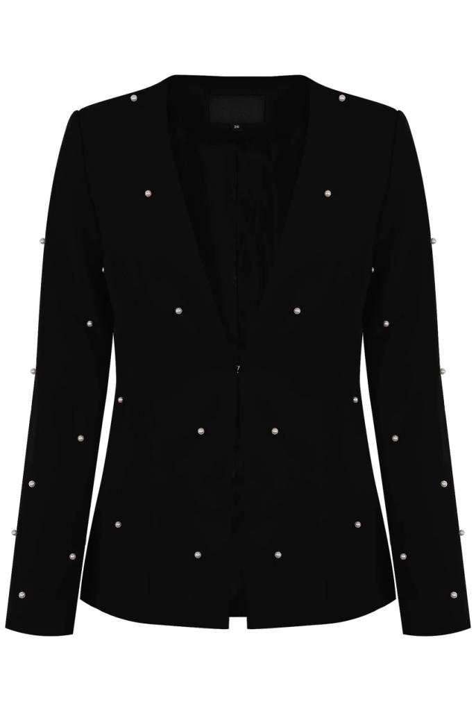 Black Pearls Tailored Lapel-less Blazer with Front, body and sleeve Pearls Trim with Front Hook Up Fastening.