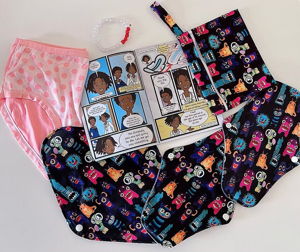 The PadHer Schoolgirl Kit contains a period comic book, 3 reusable pads (2 medium-flow pads for daytime and 1 heavy-flow pad for nighttime), one pair of underwear, and a period bracelet. 