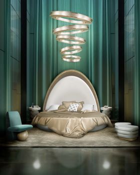 Bedroom | turquoise green decor with Element gold bed, Marcus suspension lamp, Ball I chair, sheet and pillow, by Covet House