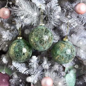 Set of 3 Large Round Green & Gold Glass Christmas Baubles 